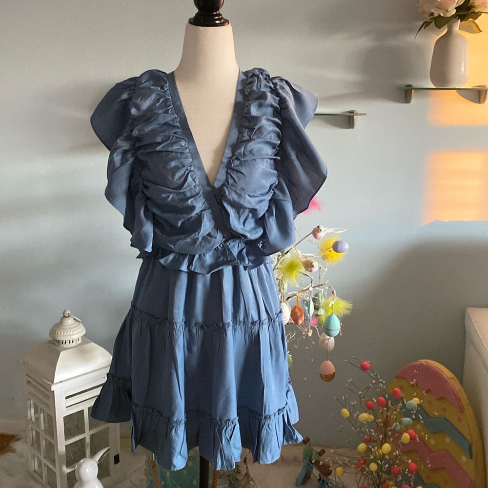 Steel Blue  Ruffle Short   V - neck and back Women Dress mini